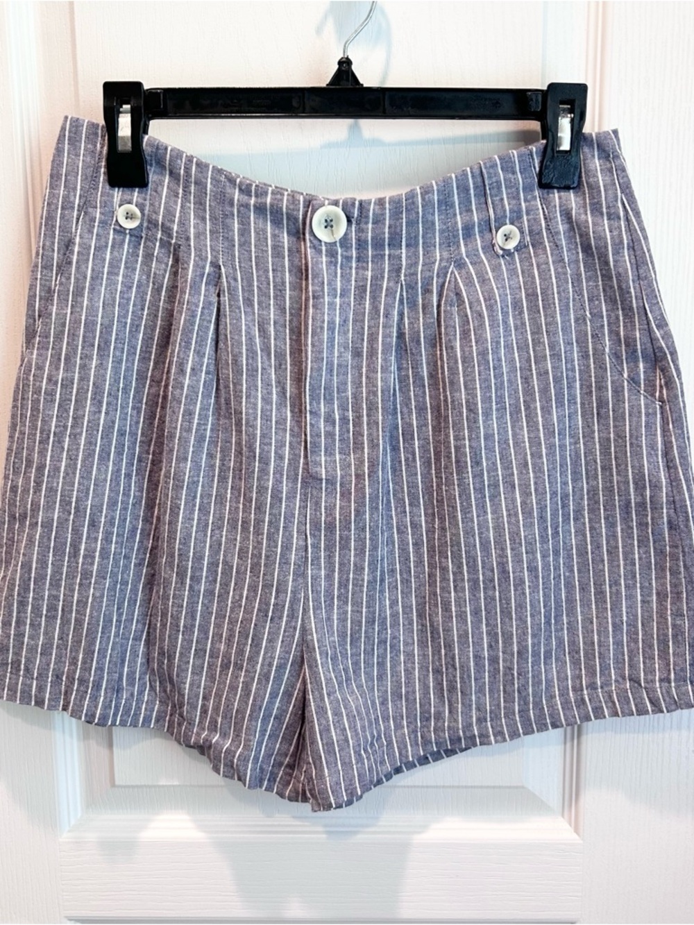 Copper Key Women’s Blue & White Striped Hi-Waist Shorts Buttons Linen Blend Sz 9